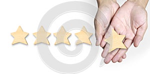 Hand of putting increase five star shape. best excellent business services rating customer experience concept