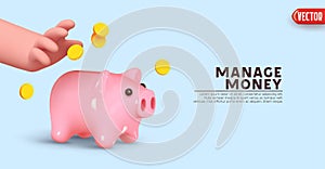 Hand putting money gold coins in pig piggy bank realistic 3d design. Blue light background and banner. Keep and photo