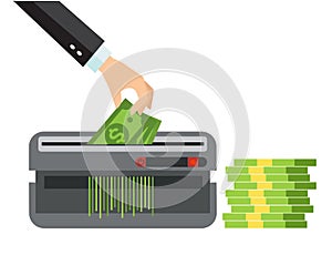 Hand putting paper money in shredder machine. Dollar termination concept. Many bundle of US dollars bank notes isolated on white