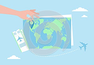 Hand putting pin icon on world map, airline tickets and airplane flying on blue background. Travel route planning