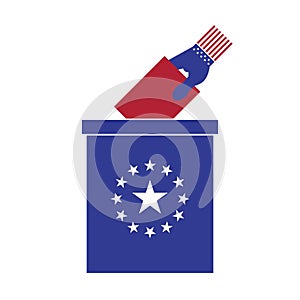 Hand putting voting ballot into vote box. Voting concept. The US presidential election 2020. Vector illustration