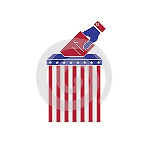 Hand putting voting ballot into vote box. Voting concept. The US presidential election 2020. Vector illustration