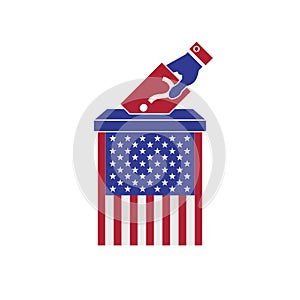 Hand putting voting ballot into vote box. Voting concept. The US presidential election 2020. Vector illustration