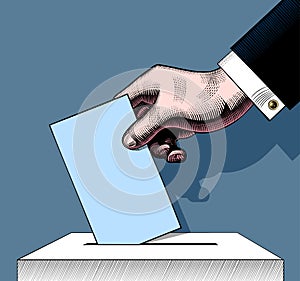 Hand putting voting paper in the ballot box. Vintage engraving s
