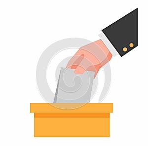 Hand putting voting paper in box flat symbol illustration vector