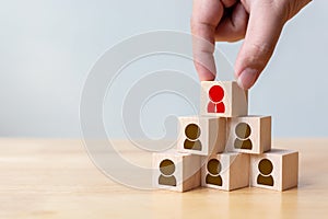 Hand putting wood cube block on top pyramid, Copy space