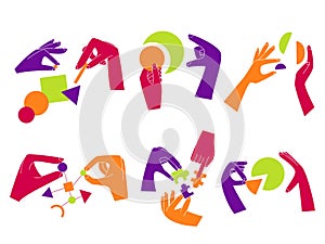 Hand with puzzles. Cartoon teamwork concept with arms holding and working with abstract geometric objects. Join jigsaw