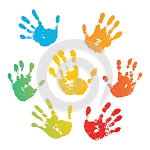 Hand rainbow print isolated on white background. Color child handprint. Creative paint hands prints. Happy childhood