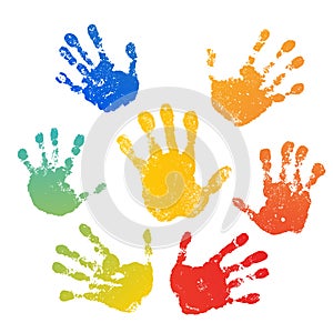 Hand rainbow print isolated on white background. Color child handprint. Creative paint hands prints. Happy childhood