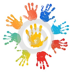 Hand rainbow print sun, isolated on white background. Color child handprint. Creative paint hands prints. Happy