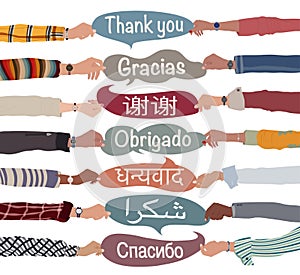 Hand raised multicultural people holding speech bubbles with text -thank you- in various languages