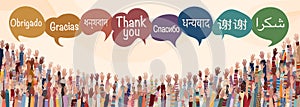 Hand raised of multicultural people with speech bubbles with text -Thank you- in various languages