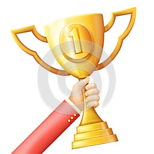 Hand raises golden prize award cup success achievement symbol realistic design 3d vector illustration