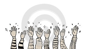 Hand raising doodle drawing. Vector illustration of people ovation clapping