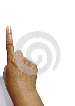 hand raising index finger in white background