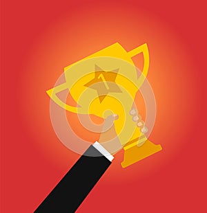 Hand raising trophy. Trophy icon. Vector illustration