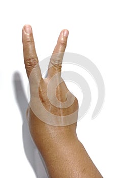 hand raising two fingers in white background
