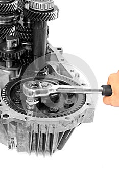 Hand with ratchet handle and mechanical gear