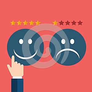 Hand rating on customer service. Two smileys, happy and sad one. Flat vector illustration