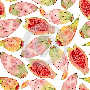 Hand rawn watercolor illustration semless pattern of opuntia ficus indica fruit or prickly pear or tuna. Pastel colored