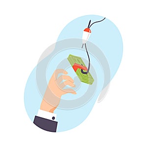 Hand reaches for a bundle of money. Vector illustration on a blue background.