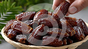 Hand reaches for dates in a bowl, capturing a moment of togetherness during a festive iftar dinner in Ramadan