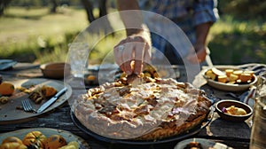 A hand reaches for a freshly baked pie still warm from the oven at an outdoor picnic with friends
