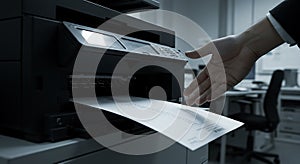 Printing Document in Office with Modern Printer and Hand Reaching