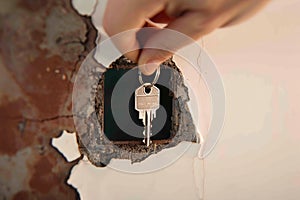 Hand reaches through hole, holding keychain for a unique perspective