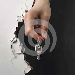 Hand reaches through hole, holding keychain for a unique perspective