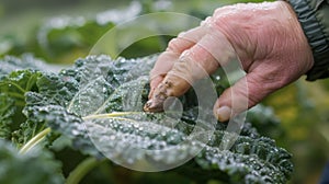 A hand reaches out to pluck a dewcoated leaf ready to be added to a nutritious and delicious meal