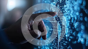 A hand reaches out to touch a digital interface filled with data and code. The image represents technology, innovation, and the