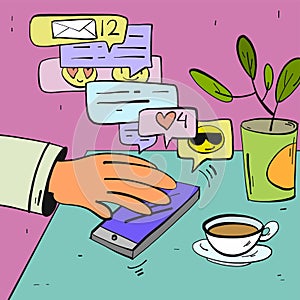 Hand reaches for smartphone with lots of notifications. Illustration in doodle cartoon style