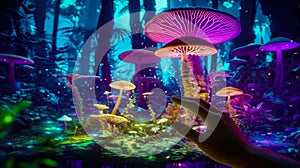 hand reaches to futuristic luminous glowing neon mushrooms, mycelium research and advanced mushroom research, bioengineering