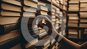Hand Reaching for a Book on a Shelf in a Library