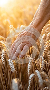 Hand Reaching Into Field of Wheat, Harvesting the Golden Grain