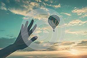 Hand Reaching for Hot Air Balloon in the Sky