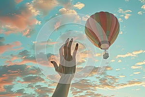 Hand Reaching for Hot Air Balloon in the Sky