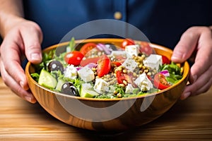 hand reaching for an olive in a greek salad bowl