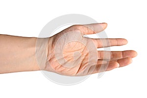 Hand reaching out against white background.
