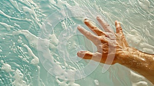 A hand reaching out of a pool with bubbles and foam, AI