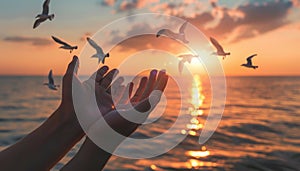 A hand is reaching out to the sky with a group of birds flying in the background by AI generated image