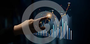 Hand Reaching Out to Touch Interactive Digital Data Visualization with Graphs, Charts, and Analytics in Modern Financial