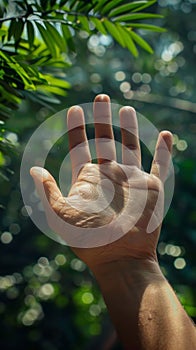 A hand reaching out to touch a leafy tree branch, AI