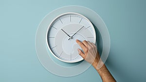 hand reaching out to a white wall clock on a light blue background, seemingly to adjust the time..AI generated image