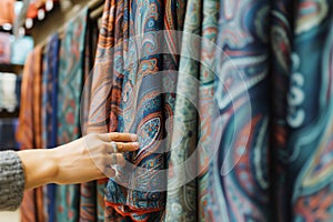 hand reaching for a paisley scarf on a stores wallmounted fixture