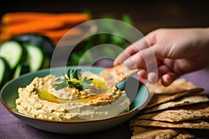 hand reaching for a piece of pita bread beside a bowl of hummus