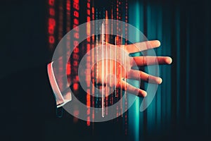 Hand Reaching Through Red and Blue Binary Code