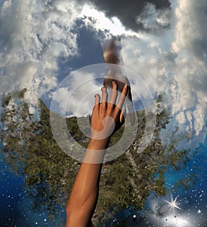 Hand Reaching for Safety Help in Clouds