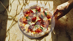 Hand Reaching for Slice of Fresh Tomato Pizza